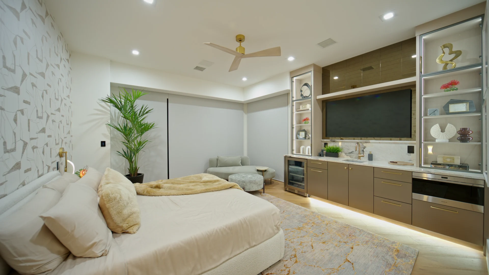 Bedroom roller shades fully lowered across three windows in the supplied TEK-IT footage