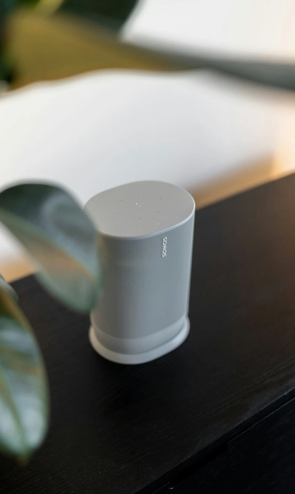 White home audio speaker on a wooden table