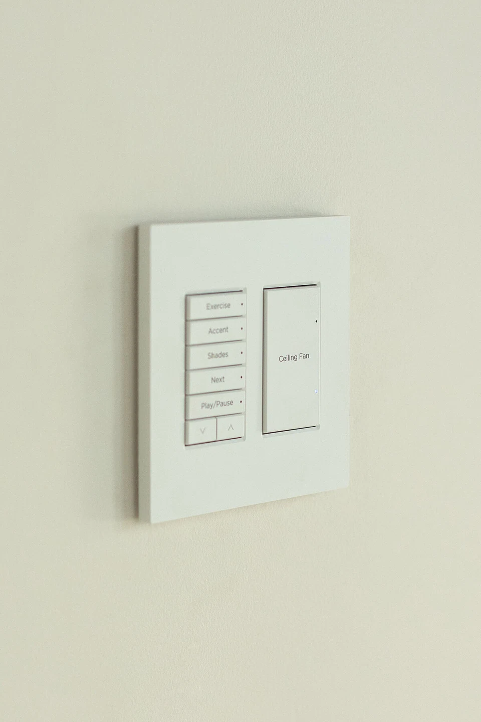 Close view of a white lighting keypad and adjacent paddle switch