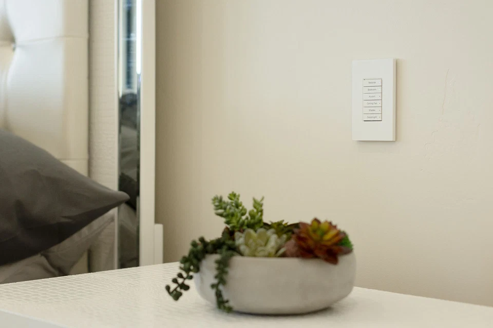 Bedside lighting keypad above a table with a potted plant