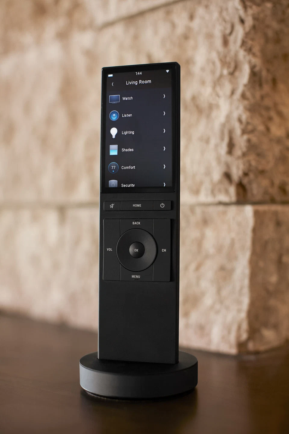 Docked media remote displaying a list of controls