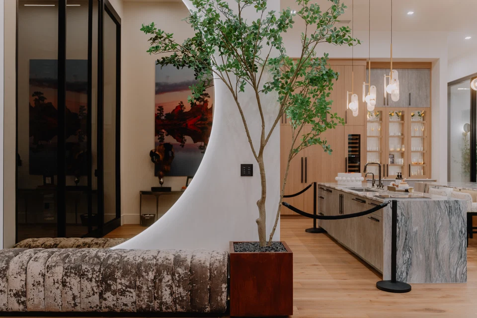 Open interior with architectural lighting
